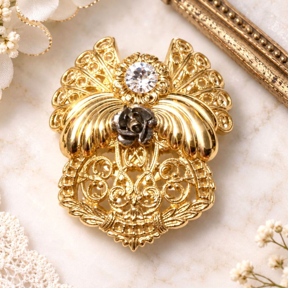 Vintage 1990s Signed Jane Gold Tone Filigree Rhinestone Accented Angel Brooch